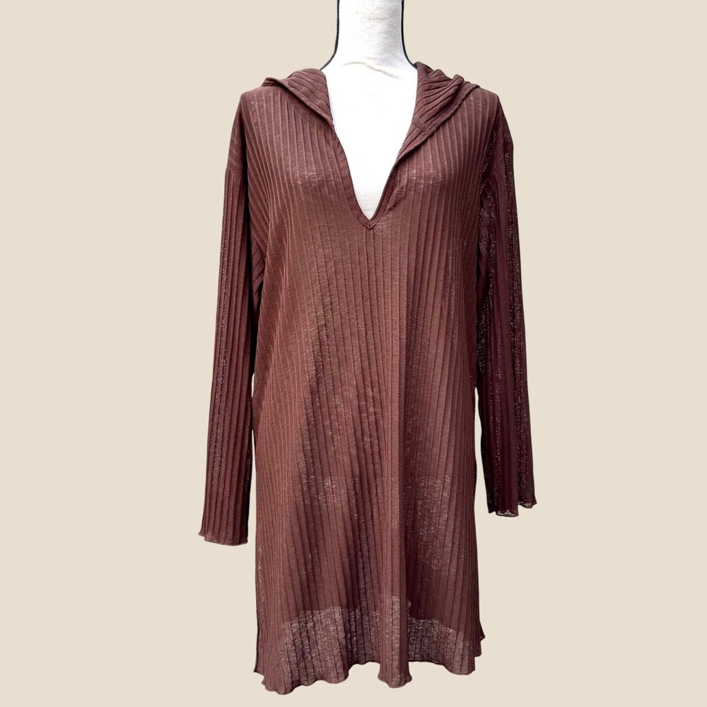 J Valdi Womens Brown Ribbed Knit Hooded V-Neck Beach Swim Cover Up Tunic